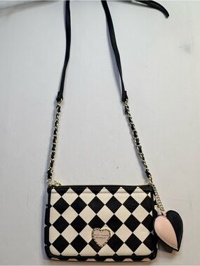 Betsey Johnson Black and White Checker Crossbody Bag with Heart Charm